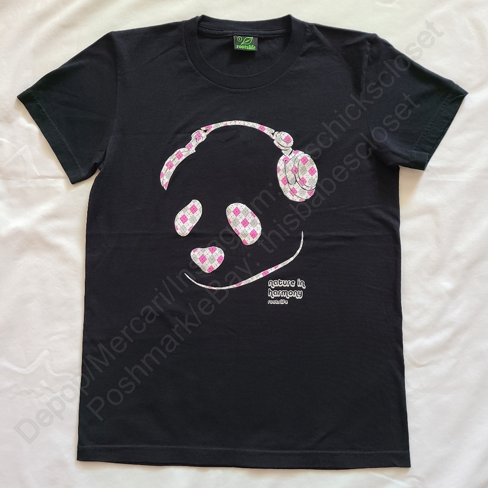 EUC Roots Life Black Panda Wearing Headphones Music T Shirt Top, Juniors L